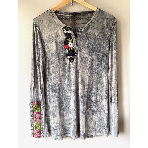 Aratta Silent Journey S Mineral Acid Wash Embroidered Long Sleeve Shirt Hippie - Picture 1 of 10